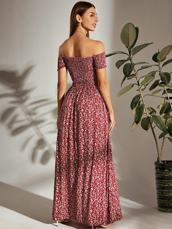 Vestido Longo Ombro A Ombro Com Lastex E Fenda Lateral