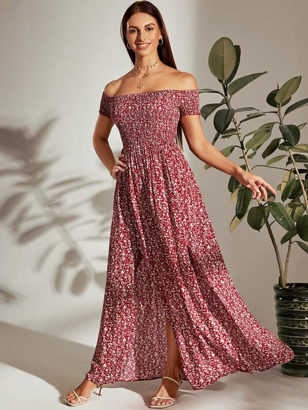 Vestido Longo Ombro A Ombro Com Lastex E Fenda Lateral