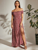 Vestido Longo Ombro A Ombro Com Lastex E Fenda Lateral