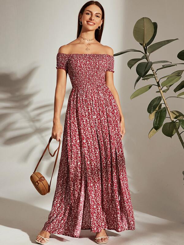 Vestido Longo Ombro A Ombro Com Lastex E Fenda Lateral