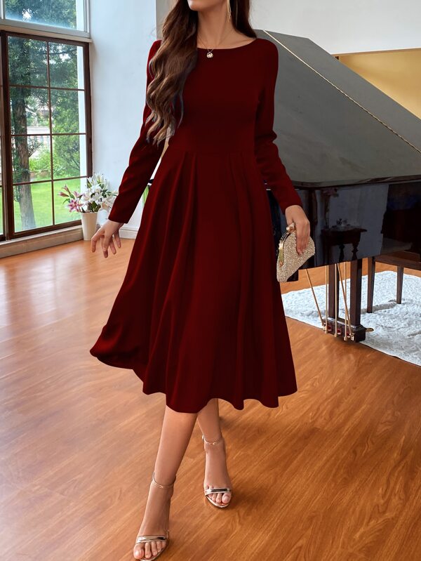 Vestido Midi Evasê Manga Longa Estilo Clássico Elegante