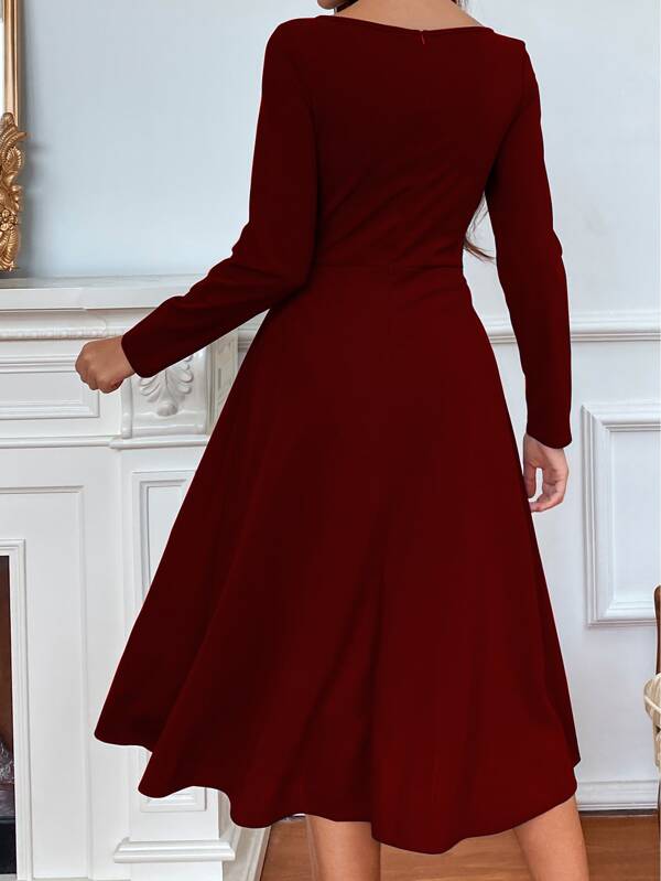 Vestido Midi Evasê Manga Longa Estilo Clássico Elegante