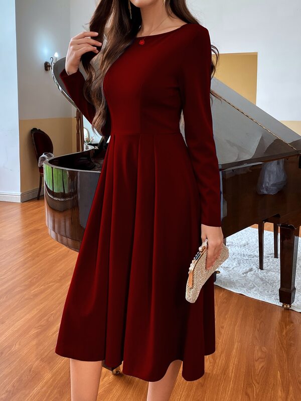 Vestido Midi Evasê Manga Longa Estilo Clássico Elegante