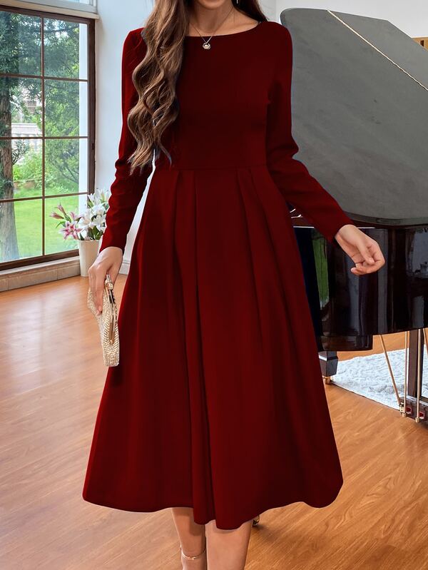 Vestido Midi Evasê Manga Longa Estilo Clássico Elegante