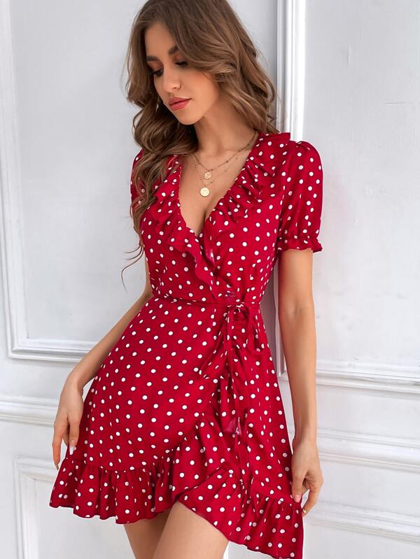 Vestido Curto Transpassado Com Babados E Estampa Poá