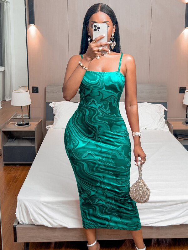 Vestido Midi Ajustado Com Alças Finas E Estampa Abstrata