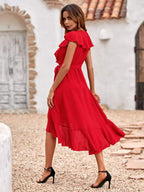 Vestido Midi Transpassado Com Babados E Faixa Romântica