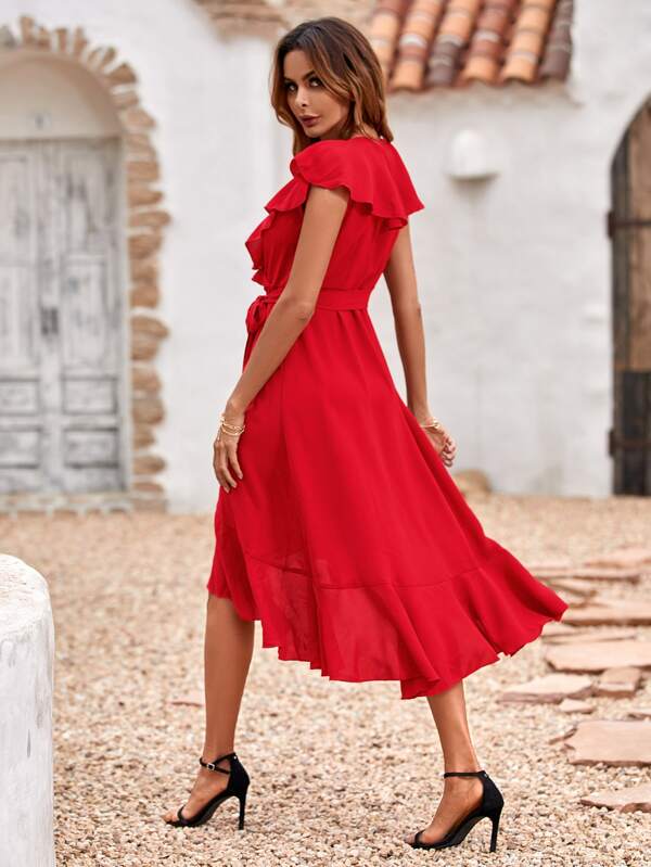 Vestido Midi Transpassado Com Babados E Faixa Romântica