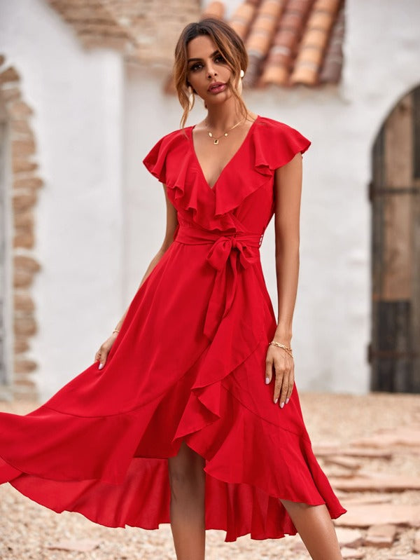 Vestido Midi Transpassado Com Babados E Faixa Romântica