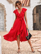 Vestido Midi Transpassado Com Babados E Faixa Romântica