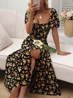 Vestido Midi Com Manga Bufante E Estampa Floral Boho