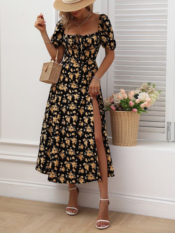 Vestido Midi Com Manga Bufante E Estampa Floral Boho