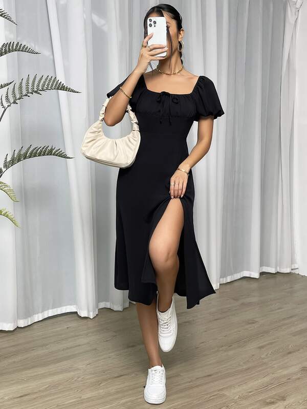 Vestido Midi Acinturado Com Fenda E Mangas Bufan