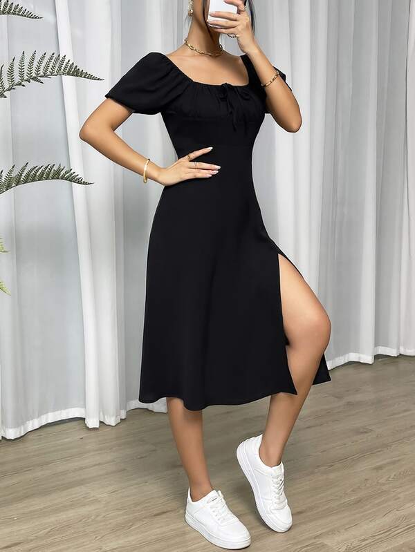 Vestido Midi Acinturado Com Fenda E Mangas Bufan