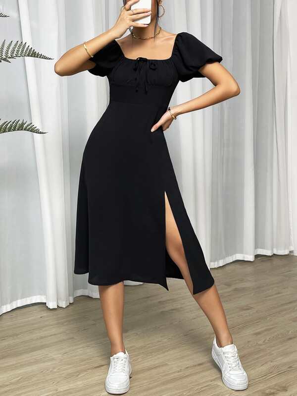 Vestido Midi Acinturado Com Fenda E Mangas Bufan