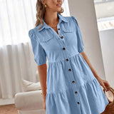Vestido Chemise Curto Com Botões E Babados Casuais