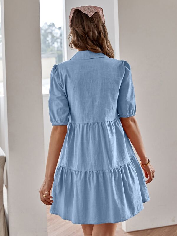 Vestido Chemise Curto Com Botões E Babados Casuais