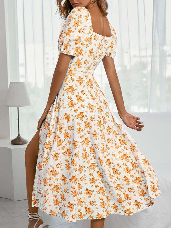Vestido Midi Com Manga Bufante E Estampa Floral Boho