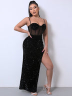 Vestido Midi Com Corselet E Paetês Com Fenda
