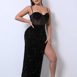 Vestido Midi Com Corselet E Paetês Com Fenda