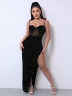 Vestido Midi Com Corselet E Paetês Com Fenda