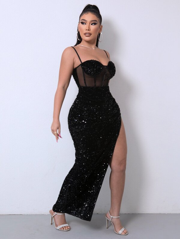 Vestido Midi Com Corselet E Paetês Com Fenda