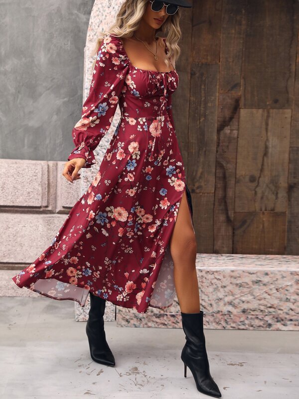 Vestido Longo Com Manga Bufante E Estampa Floral Boho