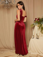 Vestido Longo Ombro A Ombro Com Veludo E Fenda