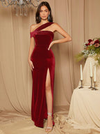 Vestido Longo Ombro A Ombro Com Veludo E Fenda