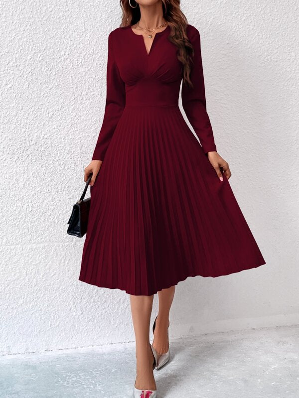 Vestido Midi Manga Longa Acinturado Com Saia Plissada