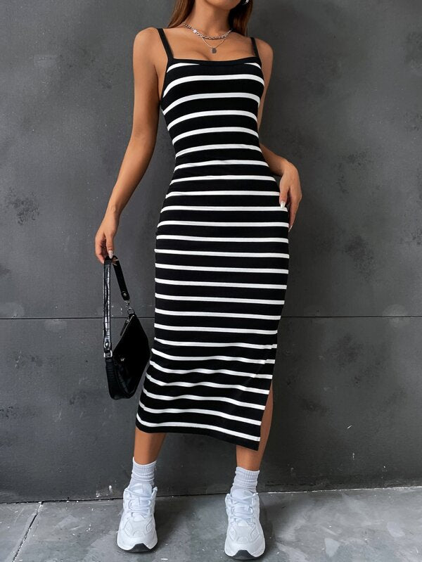 Vestido Midi Alças Finas Ajustado Estampa Listrada Com