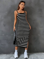 Vestido Midi Alças Finas Ajustado Estampa Listrada Com