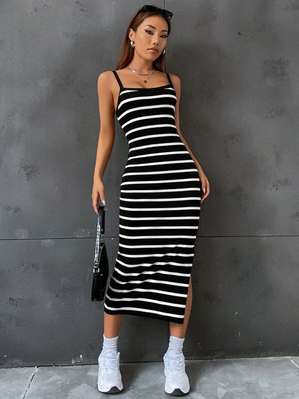Vestido Midi Alças Finas Ajustado Estampa Listrada Com