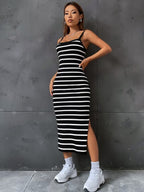 Vestido Midi Alças Finas Ajustado Estampa Listrada Com