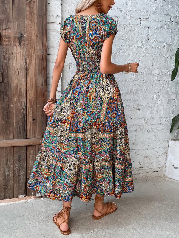 Vestido Longo Com Amarração E Estampa Étnica Boho