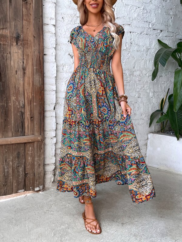 Vestido Longo Com Amarração E Estampa Étnica Boho