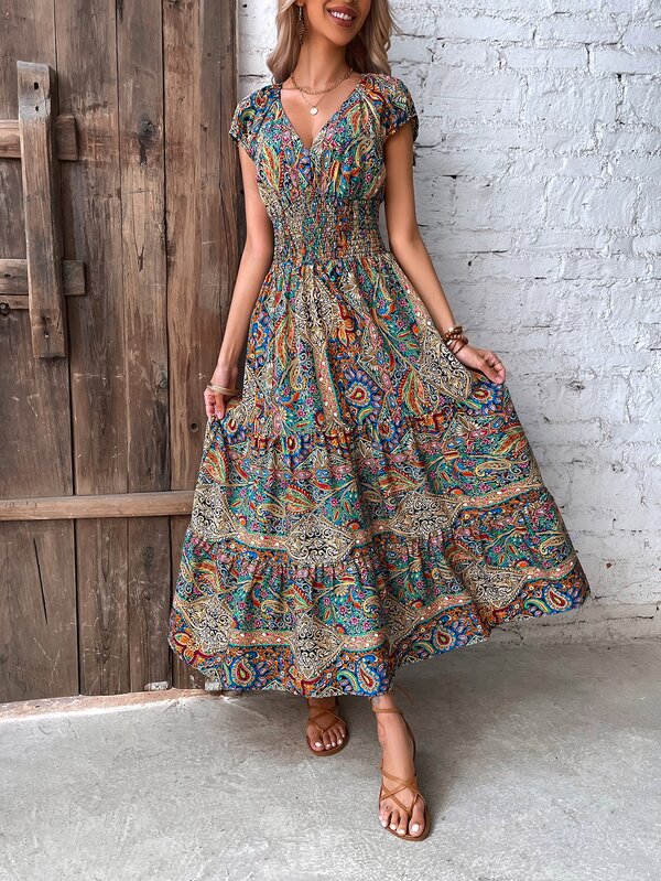 Vestido Longo Com Amarração E Estampa Étnica Boho