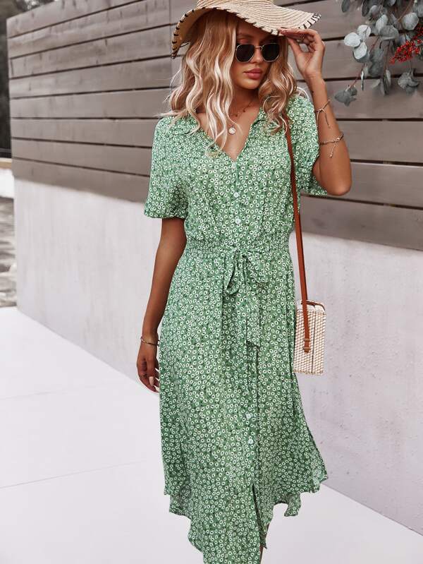 Vestido Midi Com Faixa E Estampa Floral Delicada
