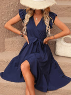 Vestido Midi Transpassado Com Babados E Faixa Ajustável