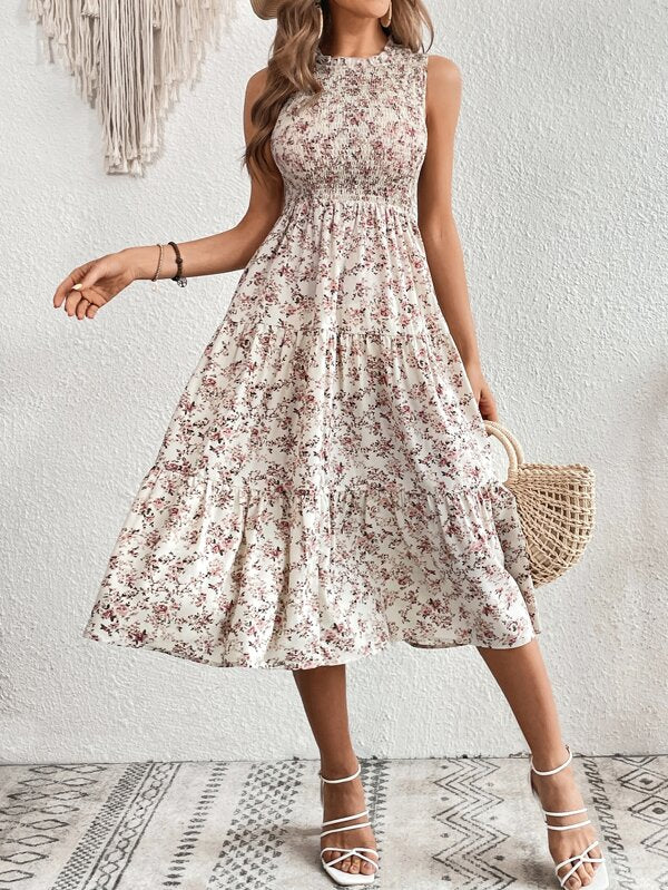 Vestido Longo Com Lastex Estampa Floral Estilo Romântico