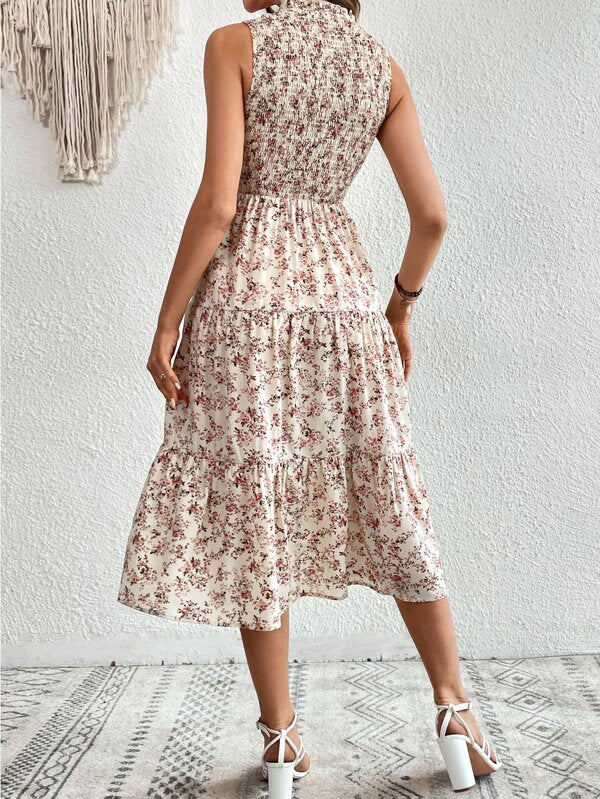 Vestido Longo Com Lastex Estampa Floral Estilo Romântico