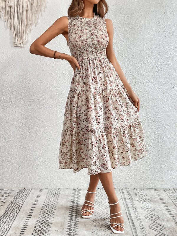 Vestido Longo Com Lastex Estampa Floral Estilo Romântico