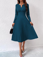 Vestido Midi Manga Longa Acinturado Com Saia Plissada