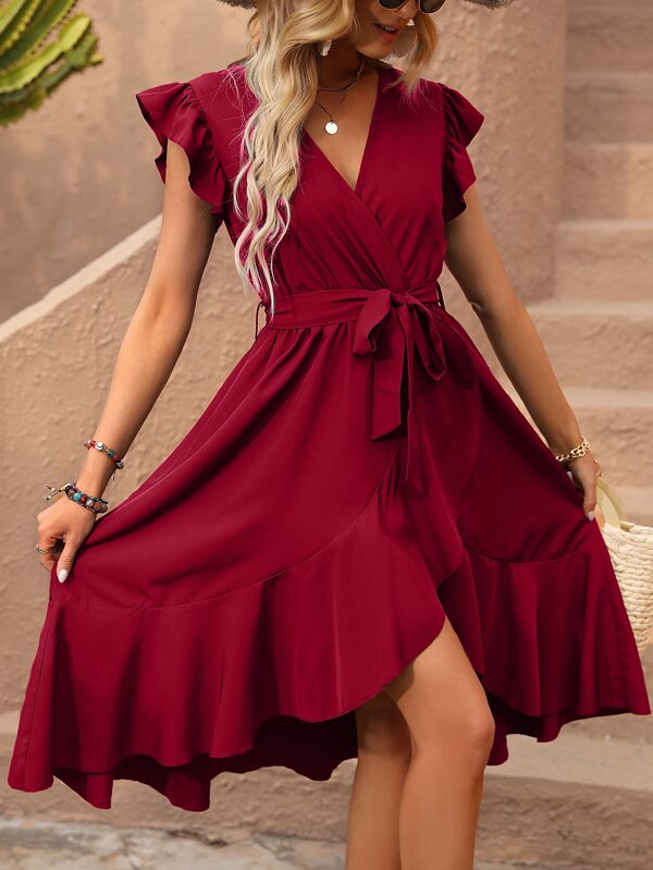 Vestido Midi Transpassado Com Babados E Faixa Ajustável