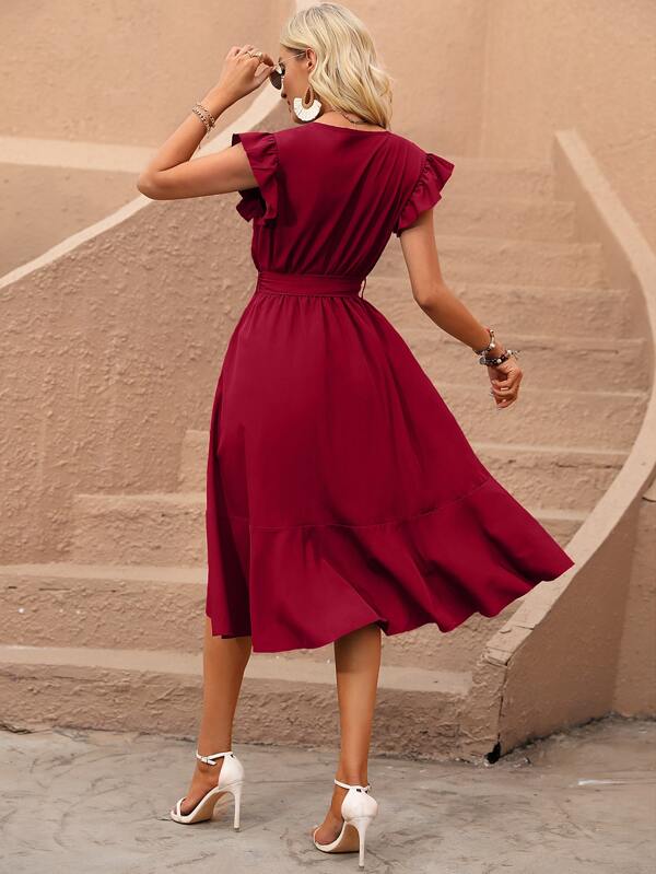 Vestido Midi Transpassado Com Babados E Faixa Ajustável
