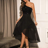 Vestido Longo Ombro Único Com Paetês E Barra Mullet