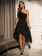 Vestido Longo Ombro Único Com Paetês E Barra Mullet