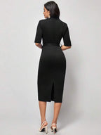 Vestido Midi Com Decote V E Cinto Estilo Clássico