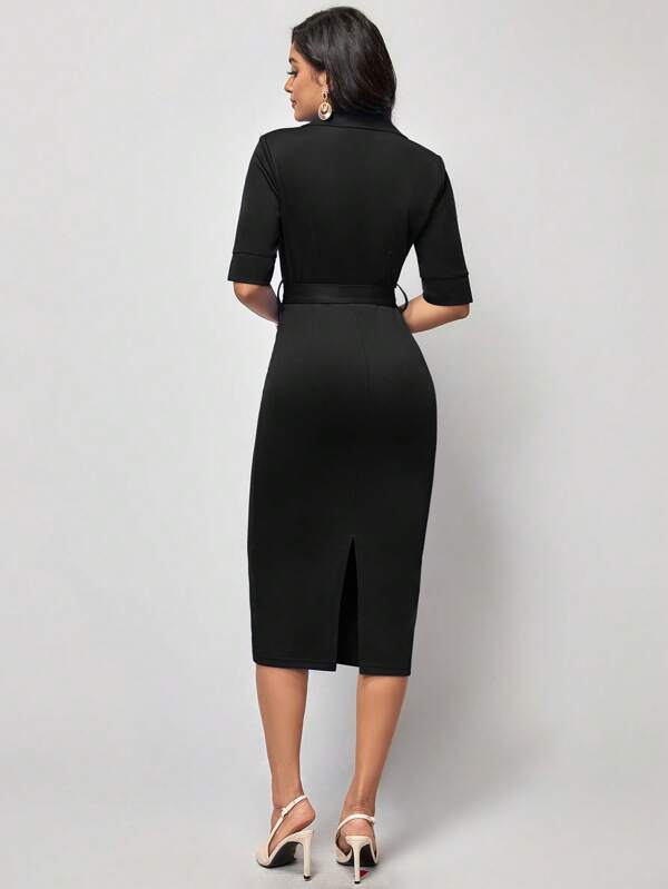 Vestido Midi Com Gola Blazer E Cinto Estruturado