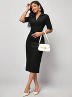 Vestido Midi Com Decote V E Cinto Estilo Clássico